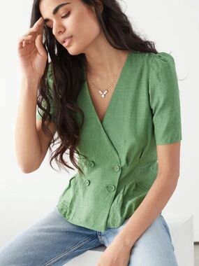 & Other Stories Sage Green Textured Wrap Blouse